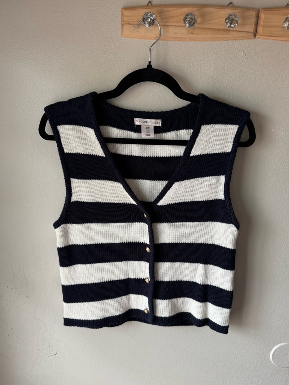 Sincerely Jules Navy & White Striped Knit Vest Gold Buttons M